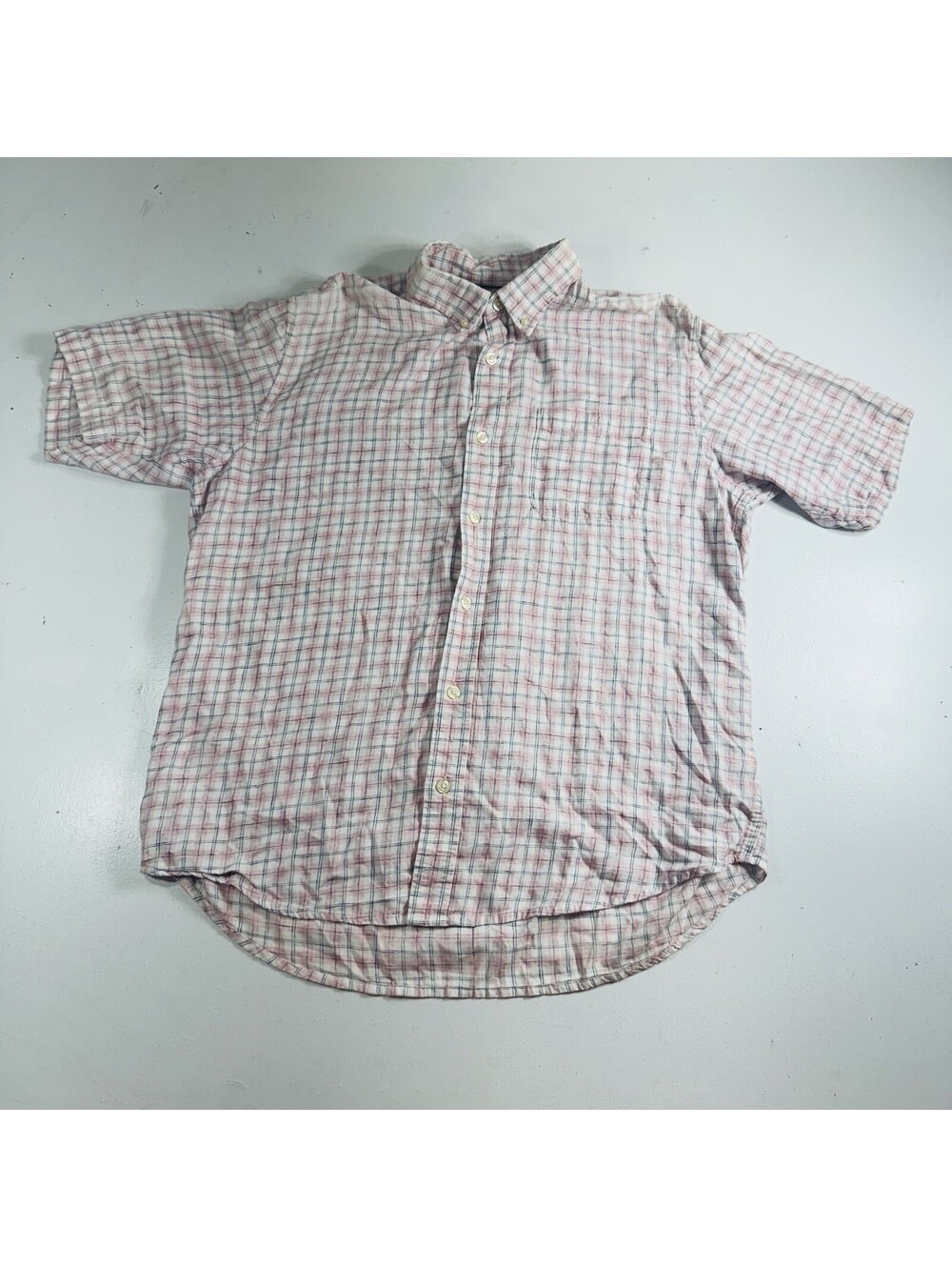 Orvis Button Down Shirt Short Sleeve Pink Blue Plaid Mens Size Large
